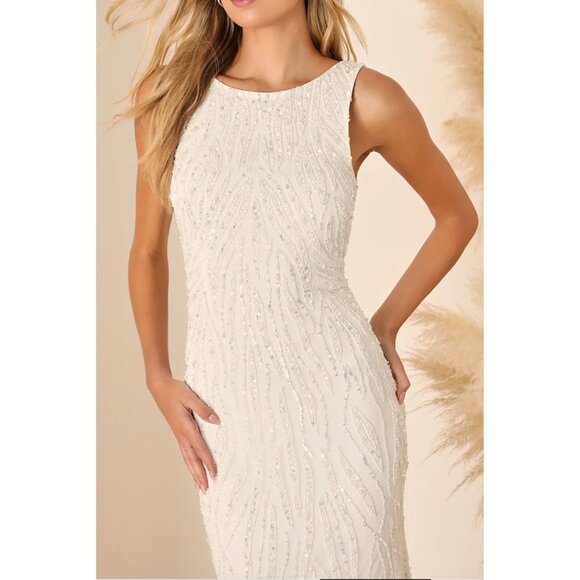 Lulus Glamourous Ever After White Sequin Beaded Backless Maxi Wedding Dress Sz S - Picture 3 of 16
